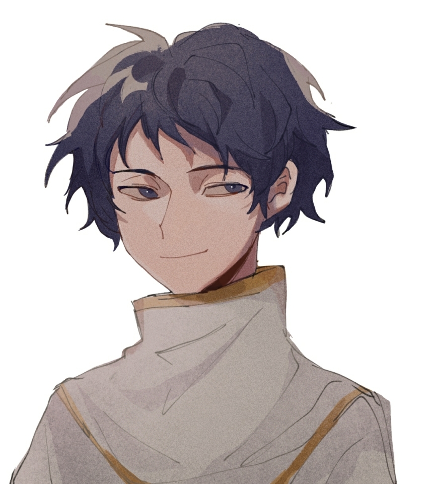 1boy beiquqian blue_eyes blue_hair capelet chinese_commentary closed_mouth commentary_request film_grain high_collar highres male_focus saibou_shinkyoku shirt short_hair simple_background smile solo upper_body utsugi_noriyuki white_background white_capelet white_shirt