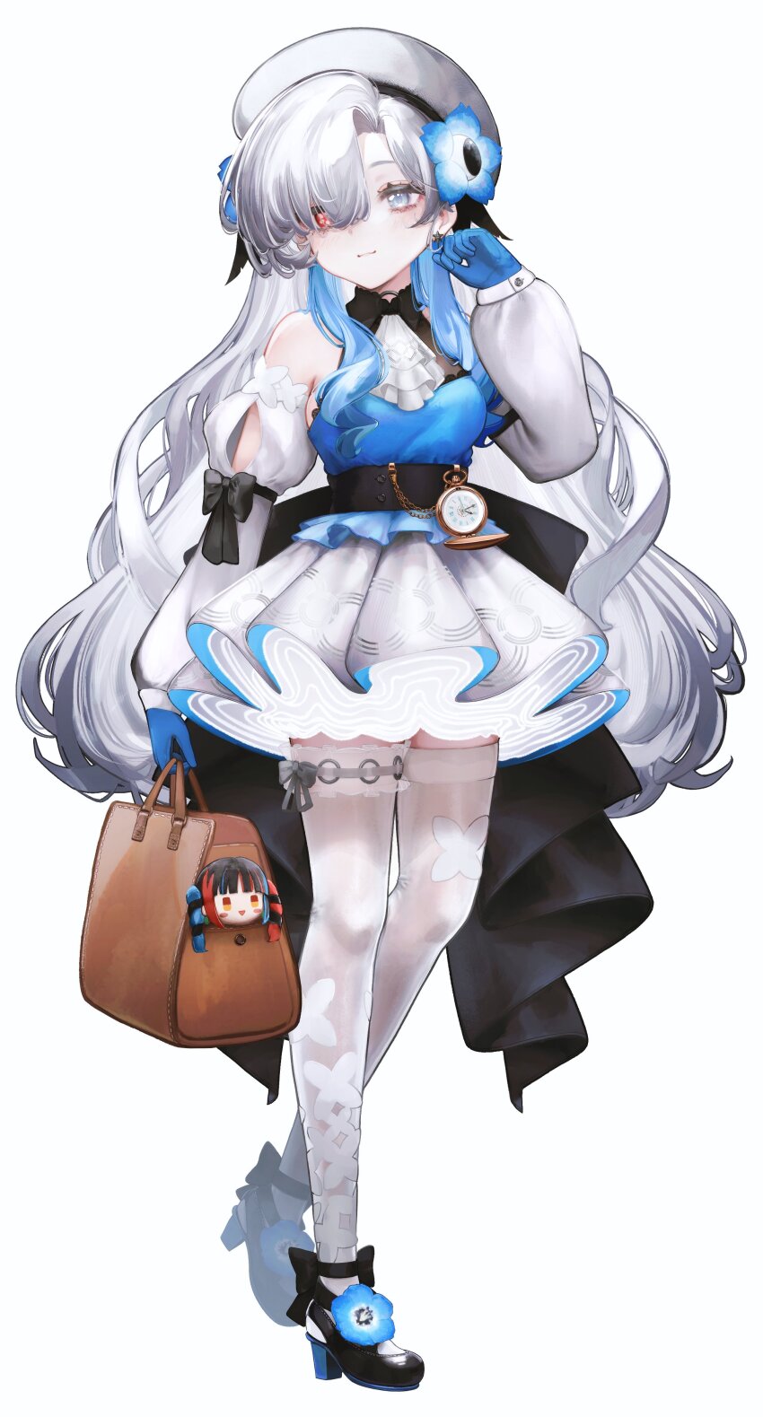 1girl absurdres arisu_(614anemone) bag bare_shoulders beret blue_hair blush breasts character_doll commentary english_commentary full_body gloves grey_hair harusaruhi hat heterochromia high_heels highres isekaijoucho kamitsubaki_studio long_hair looking_at_viewer multicolored_hair pocket_watch red_eyes small_breasts smile solo thighhighs two-tone_hair very_long_hair watch white_eyes white_thighhighs zettai_ryouiki