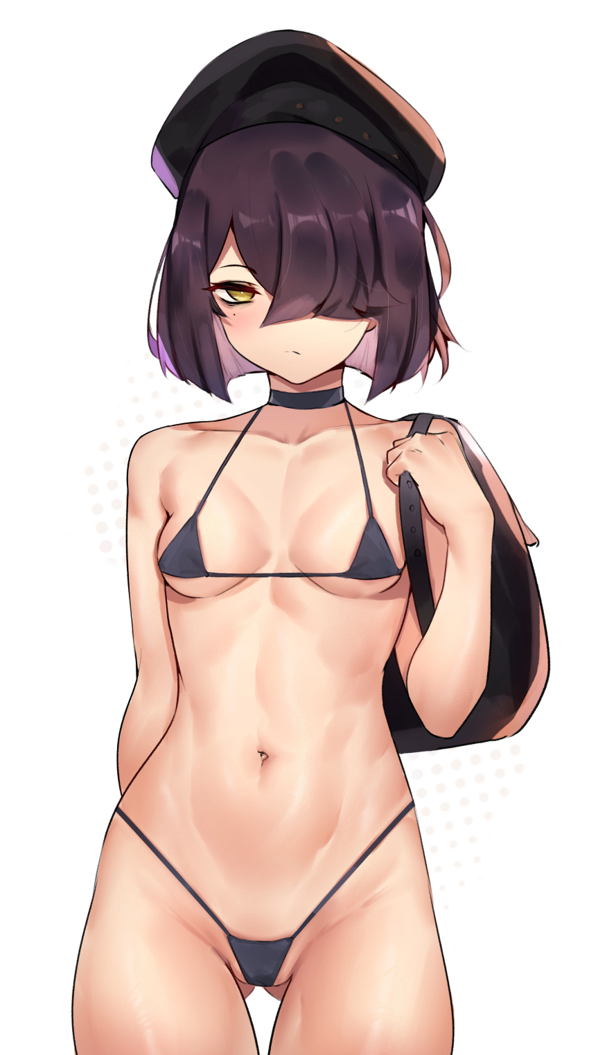 1girl absurdres alternate_costume backpack bag bags_under_eyes bikini black_bikini black_hat breasts choker deccatezu fate/grand_order fate_(series) gluteal_fold hat highres mole navel short_bangs short_hair sideboob small_breasts solo stomach swimsuit thighs underboob xu_fu_(fate) yellow_eyes