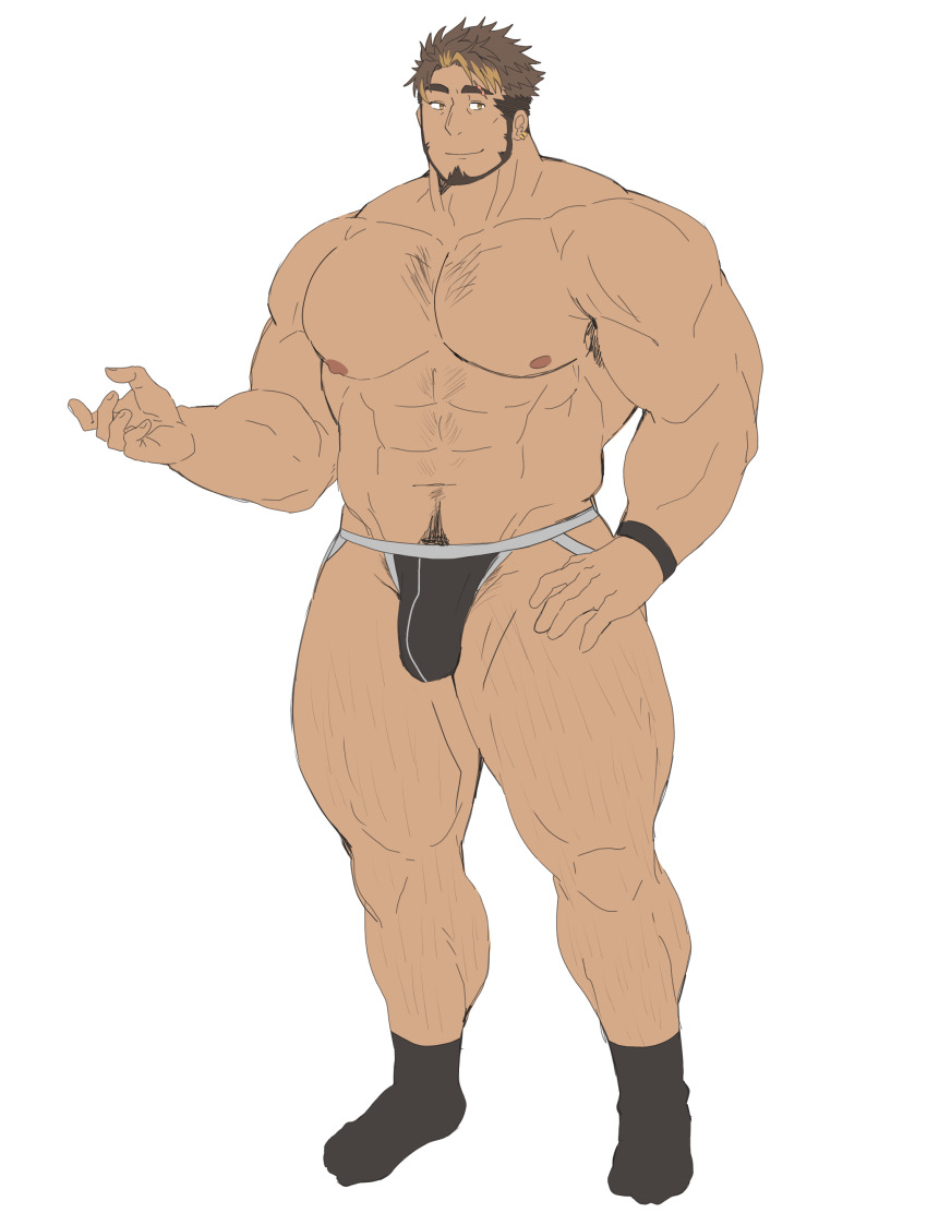 1boy abs absurdres armpit_hair armpit_hair_peek bara beard black_male_underwear brown_hair bulge dark-skinned_male dark_skin facial_hair hand_up highres introduction jockstrap large_pectorals leg_hair leoandaslan_(leobongnana) light_brown_hair looking_at_viewer male_focus male_underwear mature_male muscular muscular_male navel navel_hair nipples original paid_reward_available pectorals short_hair smile solo sparse_chest_hair standing stomach straight_hair sylvan_(leoandaslan) thick_eyebrows thick_thighs thighs topless_male underwear