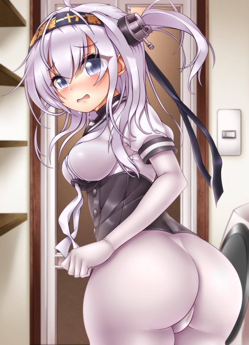 1girl absurdres ass black_ribbon blue_eyes blurry blurry_background blush bodysuit breasts cameltoe commentary_request depth_of_field derivative_work fang female_focus hair_between_eyes hair_ornament hair_ribbon headband highres indoors kantai_collection long_hair medium_breasts nose_blush one_side_up oooqqq open_mouth pantyhose puffy_short_sleeves puffy_sleeves ribbon school_uniform serafuku shirt short_sleeves silver_hair solo suzutsuki_(kancolle) tears underbust white_bodysuit white_shirt