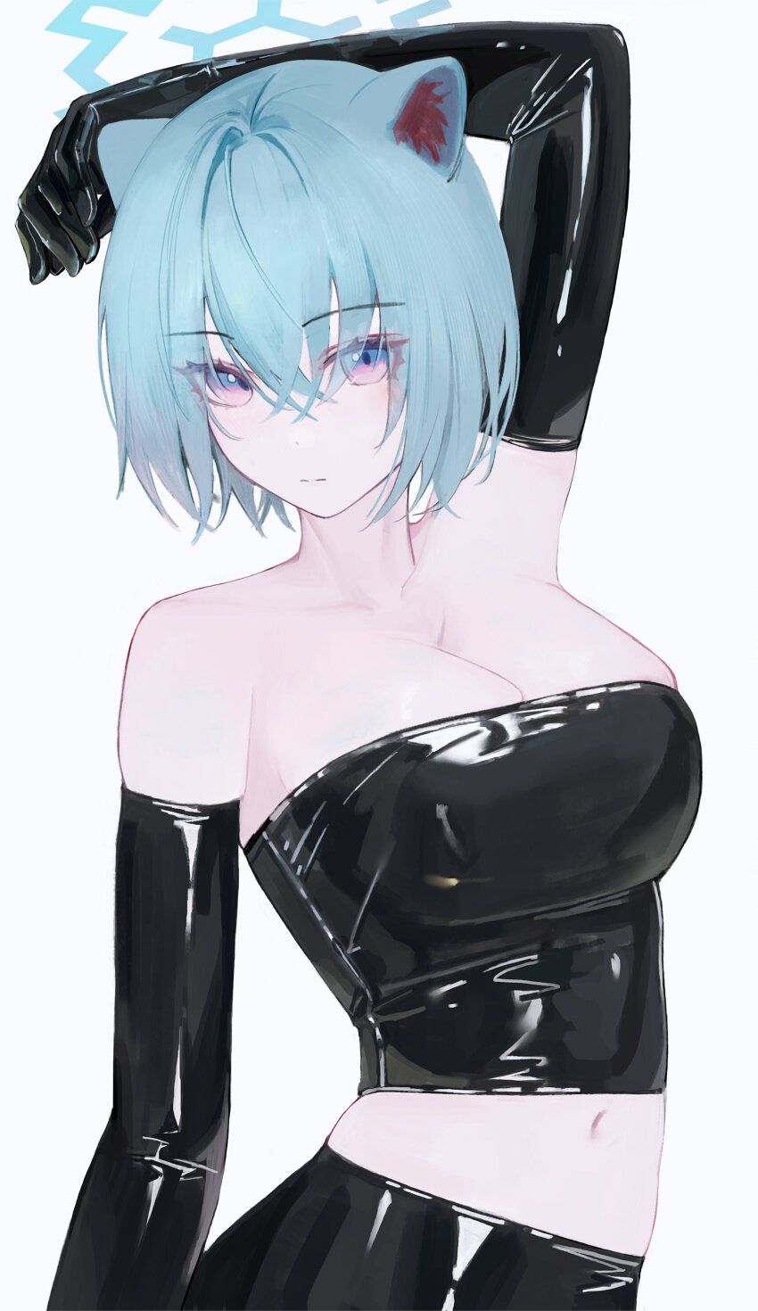 1girl absurdres alternate_costume animal_ears aqua_hair arm_behind_head bare_shoulders black_gloves blue_archive breasts cleavage closed_mouth elbow_gloves flippy_(cripine111) gloves hair_between_eyes halo highres latex latex_gloves latex_skirt latex_top looking_at_viewer midriff navel shigure_(blue_archive) short_hair simple_background solo upper_body weasel_ears weasel_girl white_background