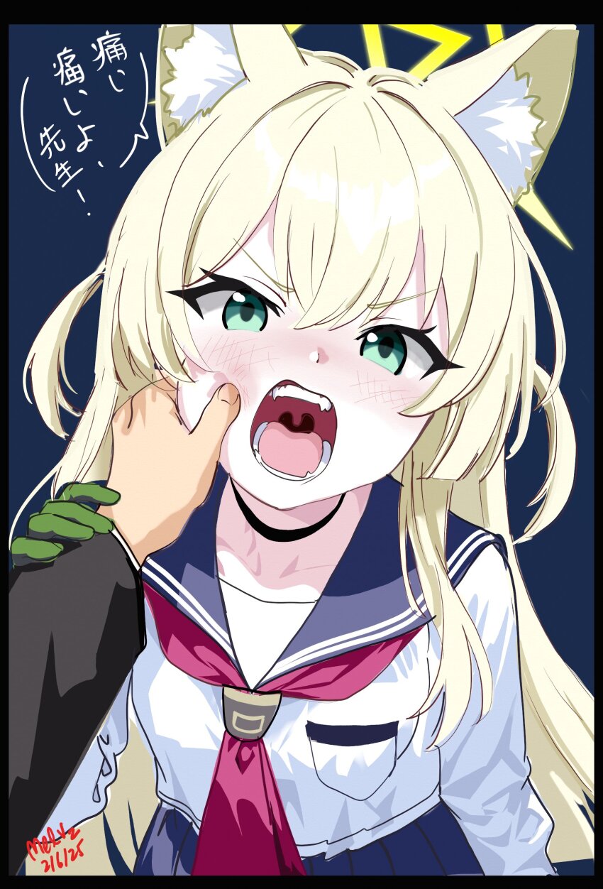 1boy 1girl absurdres animal_ear_fluff animal_ears arm_at_side black_border black_choker blonde_hair blue_archive blue_background blue_sailor_collar blush border cheek_pinching choker collarbone commentary english_commentary fangs fox_ears fox_girl gloves green_eyes green_gloves hair_between_eyes halo hand_up highres kurumi_(blue_archive) long_hair long_sleeves looking_at_viewer melissa_v2 neckerchief open_mouth pinching pov pov_hands red_neckerchief sailor_collar school_uniform sensei_(blue_archive) serafuku shirt sidelocks signature simple_background solo_focus speech_bubble straight-on teeth tongue two_side_up upper_body v-shaped_eyebrows very_long_hair white_shirt yellow_halo