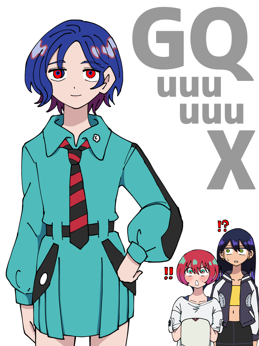 ! !! !? 1boy 2girls absurdres amate_yuzuriha amate_yuzuriha_(cosplay) aqua_eyes blue_hair blush collared_shirt colored_inner_hair cosplay costume_switch crop_top crossdressing gundam gundam_gquuuuuux hand_on_own_hip highres jacket long_hair long_sleeves looking_at_viewer multicolored_hair multiple_girls necktie nyaan_(gundam_gquuuuuux) ogata_(mm_ogata_rkgk) open_mouth purple_hair red_eyes red_hair school_uniform shirt short_hair shuji_ito shuji_ito_(cosplay) simple_background skirt sweatdrop two-tone_hair white_background wide-eyed yellow_eyes