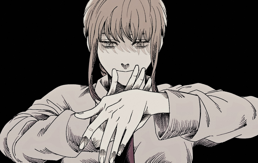 1girl braid chainsaw_man commentary_request greyscale hatching_(texture) highres llq9ull makima_(chainsaw_man) monochrome necktie ringed_eyes shaded_face sidelocks single_braid smile solo upper_body