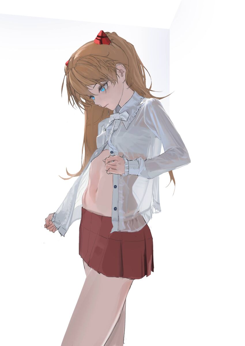absurdres blue_eyes highres long_hair neon_genesis_evangelion open_clothes open_shirt orange_hair partially_unbuttoned red_skirt shirt simple_background skirt souryuu_asuka_langley unbuttoned white_background white_shirt zigou