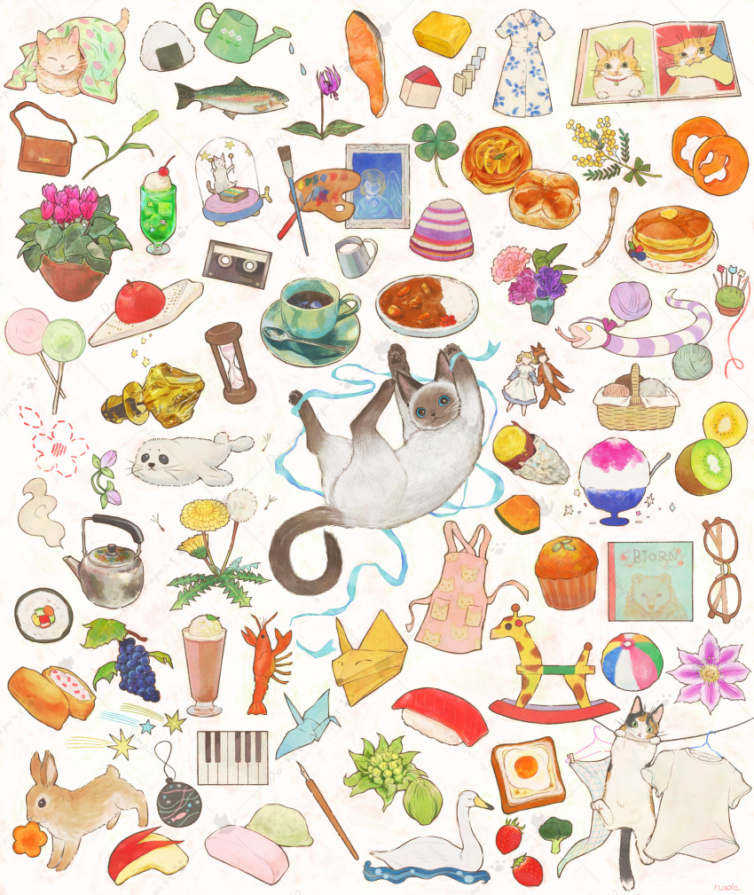 :&lt; :3 ^_^ absurdres animal_print apple apple_rabbit apron artist_name bag ball basket bauble beachball beanie bird black_eyes blanket blue_eyes blue_ribbon blueberry book bottle_stopper broccoli brown-framed_eyewear butter butterbur buttons candy cantaloupe carrot_slice cassette_tape cat cattail cd_case cherry christmas_ornaments closed_eyes closed_mouth clothes_hanger clover collared_dress cross-section cup cupcake curry dandelion dandelion_seed doll dress drink drinking_glass duck egg_(food) english_text fish fish_(food) floral_print flower foil food food_art four-leaf_clover fried_egg frothing_jug fruit glasses grapes grater green_eyes handbag hat highres hourglass ice ice_cream ice_cream_float ice_cube inarizushi instrument kiwifruit leaf lobster lollipop looking_at_viewer makizushi melon milk mochi mouse_print mouth_hold multicolored_headwear nade nib_pen_(object) no_humans omelet onigiri open_book origami original paintbrush painting_(object) paint_palette pancake pancake_stack paper paper_crane pastry pawpads pen piano_keys pincushion pink_apron pink_flower plant plate pocket potted_plant profile purple_flower rabbit rainbow_trout ribbon rice roasted_sweet_potato rocking_horse salmon sample_watermark saucer seal_(animal) shaved_ice shirt short_sleeves siamese_cat signature sitting snake sparkle spoon star_(symbol) steam strawberry striped_clothes striped_headwear sushi sweet_potato tamagoyaki tea teacup teapot toy_block tulip u_u under_covers vase water watering_can watermark white_asparagus white_background white_dress white_shirt winding_key xylophone yarn yarn_ball yellow_flower