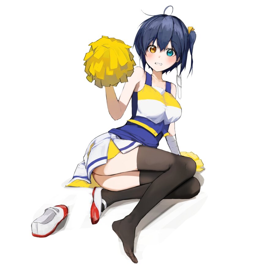1girl ahoge aqua_eyes arm_support ass bandaged_arm bandages bare_shoulders black_thighhighs blush breasts cheerleader chuunibyou_demo_koi_ga_shitai! clenched_teeth collarbone eyepatch full_body gunu_(nyzn3223) hair_ribbon heterochromia highres holding holding_pom_poms looking_at_viewer lying medium_breasts miniskirt official_alternate_costume on_side one_side_up pleated_skirt pom_pom_(cheerleading) pom_poms ribbon shirt shoes short_hair simple_background skirt sleeveless sleeveless_shirt solo t-shirt takanashi_rikka teeth thighhighs thighs unworn_eyepatch uwabaki white_background white_skirt yellow_eyes yellow_ribbon zettai_ryouiki