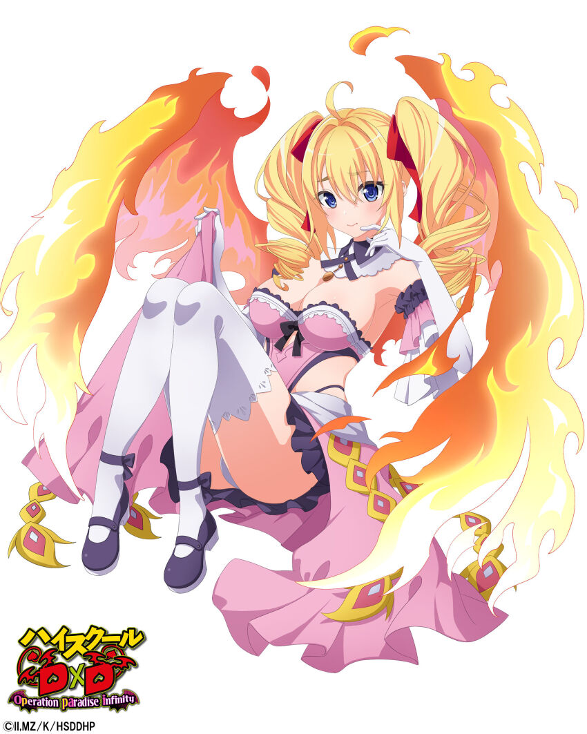 1girl absurdres ahoge blonde_hair blue_eyes bra breasts cleavage commentary_request drill_hair fiery_wings full_body high_school_dxd high_school_dxd_hero high_school_dxd_operation_paradise_infinity highres large_breasts long_hair pink_bra pink_skirt ravel_phenex simple_background skirt solo thighhighs twin_drills underwear white_background white_thighhighs wings