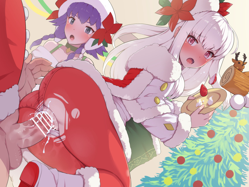 1boy 2girls alternate_costume ass black_eyes blush boris_(noborhys) braid cake censored christmas christmas_tree clothed_sex cum cum_in_pussy erection fire_emblem fire_emblem:_the_sacred_stones fire_emblem:_three_houses fire_emblem_heroes food from_below fruit has_uncensored_version hat head_out_of_frame hetero highres long_hair looking_back lute_(fire_emblem) lute_(winter)_(fire_emblem) lysithea_von_ordelia lysithea_von_ordelia_(winter) multiple_girls nintendo official_alternate_costume open_mouth panties pantyhose pantylines penis pink_eyes purple_hair pussy santa_costume see-through_clothes sex short_hair solo_focus strawberry torn_clothes torn_legwear tree twin_braids underwear vaginal white_hair white_panties