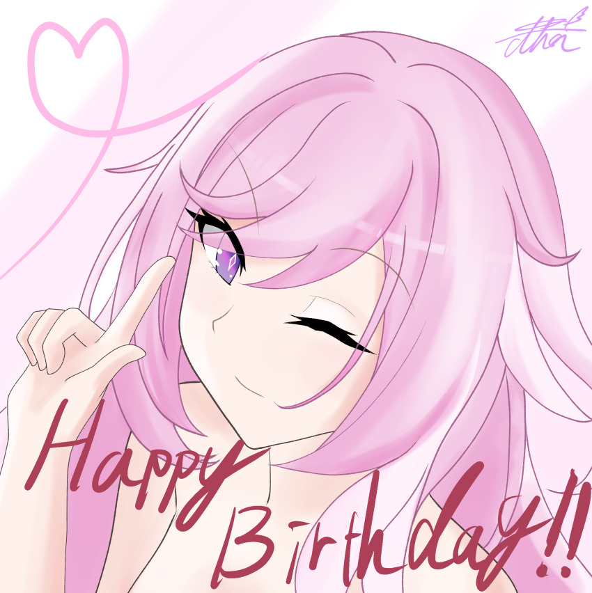 1girl ;) absurdres artist_name breasts commentary_request diamond-shaped_pupils diamond_(shape) elysia_(herrscher_of_human:_ego)_(honkai_impact) elysia_(honkai_impact) happy_birthday heart highres honkai_(series) honkai_impact_3rd long_hair one_eye_closed pink_hair purple_eyes simple_background smile solo symbol-shaped_pupils thor_gdgd upper_body white_background