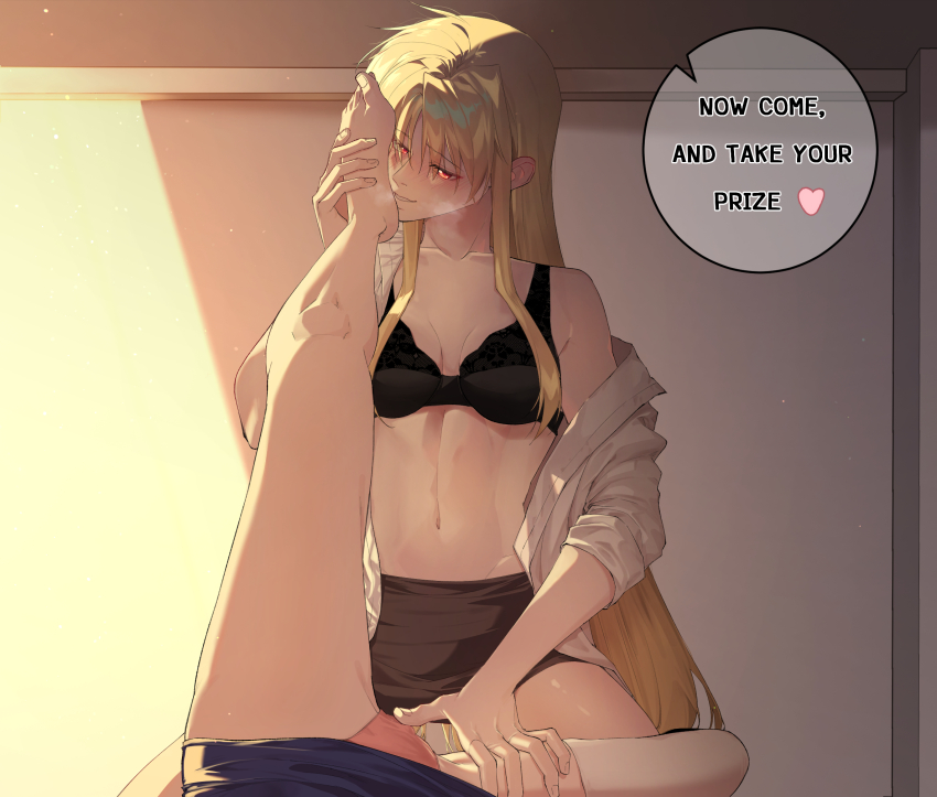 2girls black_bra black_skirt blonde_hair blue_skirt blush bra clitoral_stimulation covered_clitoris english_text fate_testarossa feet female_pov hand_on_another&#039;s_thigh heart highres kaichan2536 long_hair lyrical_nanoha mahou_shoujo_lyrical_nanoha_strikers multiple_girls off_shoulder pov red_eyes shirt skirt spoken_heart takamachi_nanoha thighhighs tsab_air_military_uniform tsab_executive_military_uniform underwear white_shirt white_thighhighs yuri zettai_ryouiki