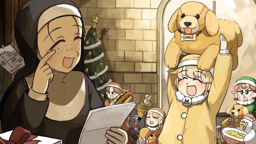 5girls :d bird black_hair blonde_hair brown_eyes brown_hair chicken christmas christmas_tree closed_eyes clumsy_nun_(diva) coat commentary corn diva_(hyxpk) duck english_commentary freckles freckles_nun_(diva) froggy_nun_(diva) gift green_coat green_hat habit hat highres hungry_nun_(diva) little_nuns_(diva) multiple_girls nun open_mouth red_hat slice_of_life smile spicy_nun_(diva) stuffed_animal stuffed_dog stuffed_food stuffed_toy tears traditional_nun triangle_mouth turkey_(bird) wiping_tears yellow_coat yellow_hat
