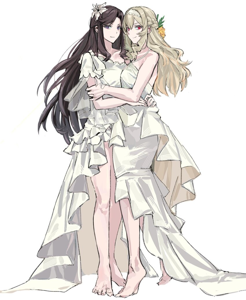 2girls 9urodine bare_arms barefoot blonde_hair braid brown_hair closed_mouth dress female_focus flower full_body hair_flower hair_ornament hairband half_up_braid hands_on_another&#039;s_waist highres long_hair multiple_girls purple_eyes red_eyes saijou_claudine shoujo_kageki_revue_starlight simple_background smile standing tendou_maya toes wedding_dress white_background white_dress white_flower white_hairband wife_and_wife yuri