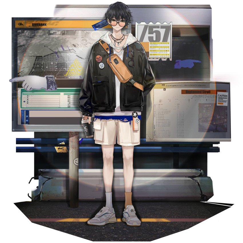 1boy bag black_hair black_jacket caution cup disposable_cup faux_figurine full_body game_cg girls&#039;_frontline girls&#039;_frontline_neural_cloud highres holding holding_cup jacket lin+ looking_at_viewer official_alternate_costume official_art shoes shorts shoulder_bag sign standing sueyoi_(neural_cloud) third-party_source tinted_eyewear transparent_background v-neck white_shoes white_shorts