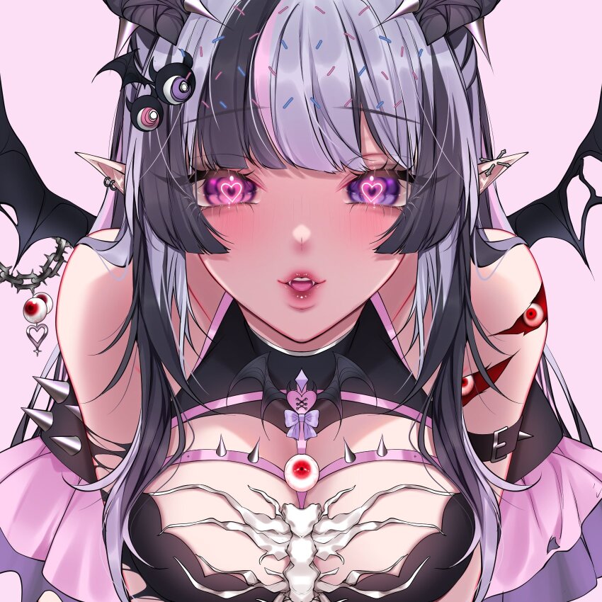 1girl bare_shoulders bat_ornament belt belt_buckle black_belt black_dress black_hair black_wings blush bow breasts buckle chain cleavage_cutout clothing_cutout commentary disembodied_eye dress ear_piercing english_commentary fangs hair_over_shoulder halterneck heart heart_in_eye heterochromia highres indie_virtual_youtuber long_hair looking_at_viewer noriben open_mouth piercing pink_background pink_eyes pointy_ears purple_bow purple_eyes purple_hair second-party_source simple_background sleeveless sleeveless_dress smile solo spiked_belt spiked_chain spikes sprinkle_hershy sprinkles straight-on swept_bangs symbol_in_eye teeth tongue torn_wings upper_body upper_teeth_only virtual_youtuber wings