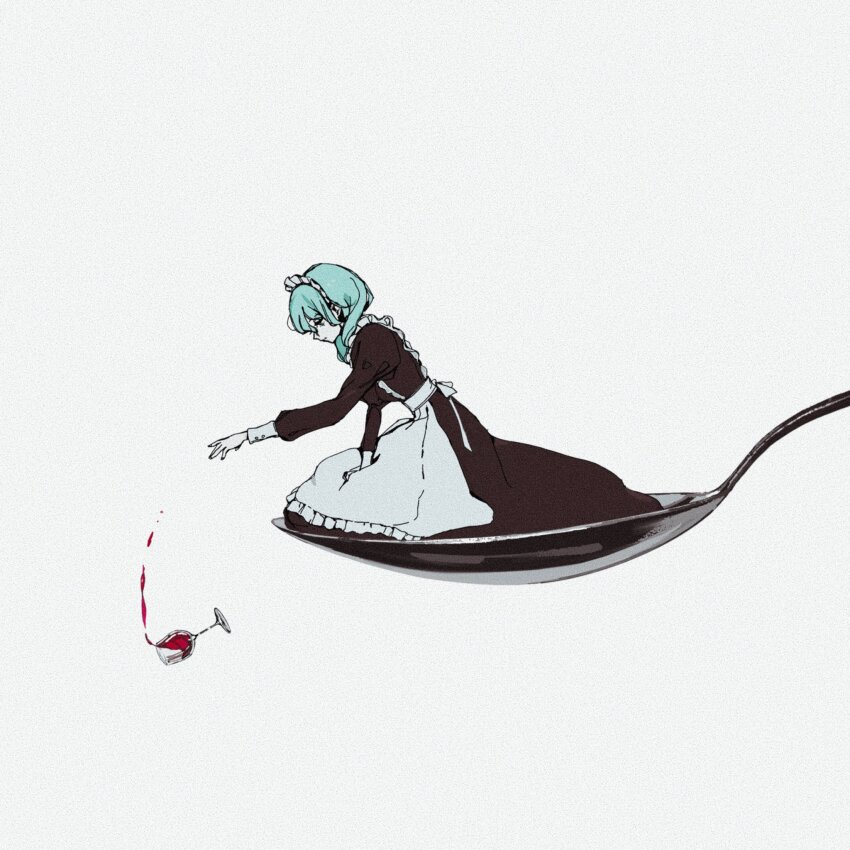 1girl alcohol alternate_costume alternate_hairstyle apron commentary_request cup drinking_glass dropping from_side full_body hair_over_shoulder hatsune_miku highres long_hair long_sleeves looking_down maid maid_apron maid_headdress mini_person minigirl mitsubachi_(roundbee) outstretched_hand profile saji_no_majinai_(vocaloid) simple_background sitting sitting_on_object solo vocaloid waist_apron white_apron white_background wine wine_glass