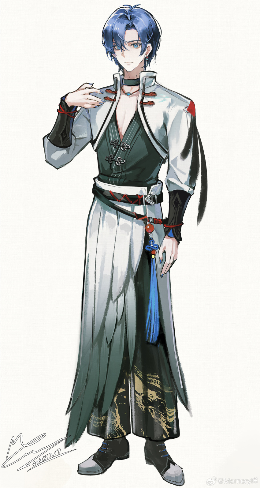 1boy absurdres antenna_hair belt black_belt black_choker black_hanfu black_pants black_ribbon black_shoes blue_eyes blue_hair blue_nails blue_ribbon bracer chinese_clothes chinese_commentary choker closed_mouth collarbone collared_jacket commentary_request crossed_belts dated dragon_print earrings expressionless feather-trimmed_skirt feathers flower_knot full_body hair_between_eyes hand_on_own_shoulder hanfu highres jacket jewelry kaito_(vocaloid) long_skirt long_sleeves male_focus memory_mie nail_polish open_clothes open_jacket pants parted_bangs pectoral_cleavage pectorals ribbon shoes short_hair signature simple_background skirt solo standing tassel vocaloid watermark weibo_watermark white_background white_jacket white_ribbon white_skirt