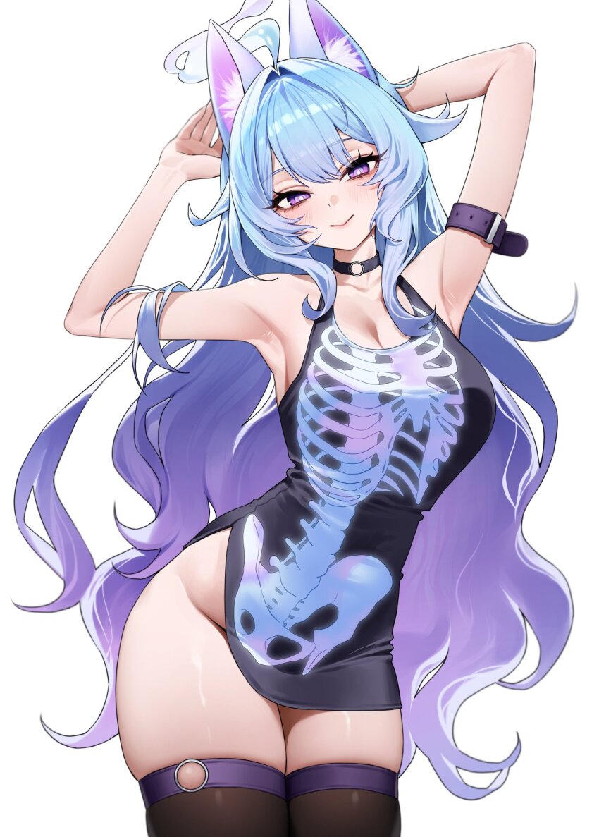 1girl ahoge animal_ear_fluff animal_ears arm_belt armpits arms_behind_head belt black_belt black_choker black_dress blue_hair breasts bright_pupils cat_ears cat_girl chano39 choker cleavage closed_mouth dress eyelashes gradient_hair highres indie_virtual_youtuber long_hair multicolored_hair o-ring purple_eyes purple_hair second-party_source skeleton_print solo thighhighs virtual_youtuber white_pupils yuni_nya