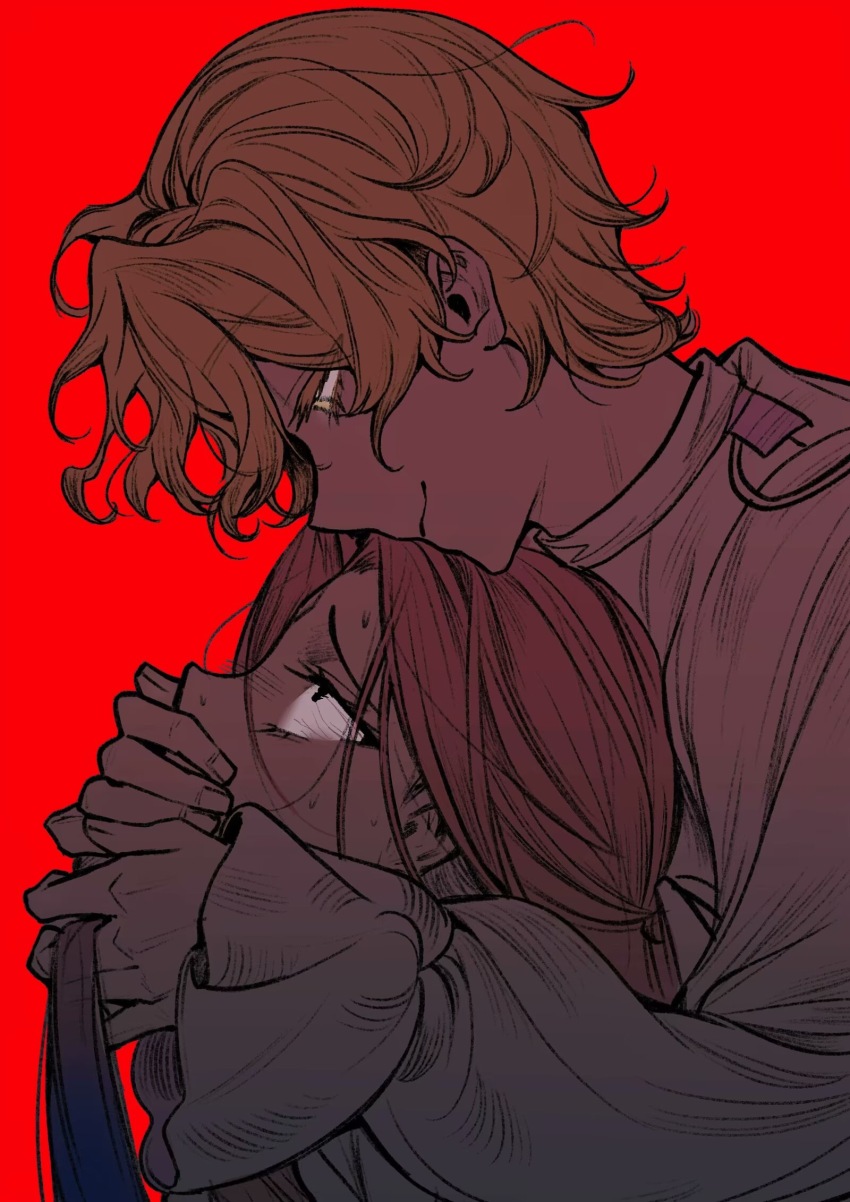 1boy 1girl alien_stage blonde_hair fugangyiyongzuowanyouyawotoufa hand_on_another&#039;s_mouth highres hug long_hair luka_(alien_stage) mizi_(alien_stage) pink_hair red_background short_hair smile sweat
