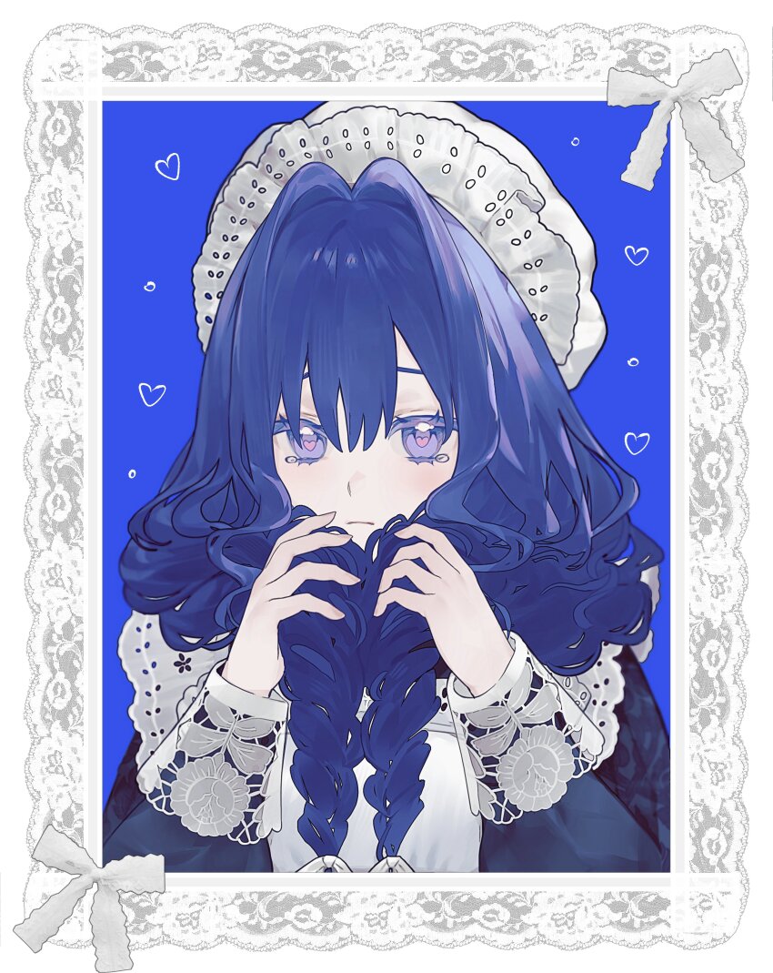 1girl absurdres apron black_dress blue_eyes blue_hair braid closed_mouth dress grabbing_own_hair hat heart highres hololive hololive_english light_frown looking_at_viewer maid_apron mob_cap ouro_kronii ouro_kronii_(maid) solo twin_braids virtual_youtuber white_apron yasumigohan
