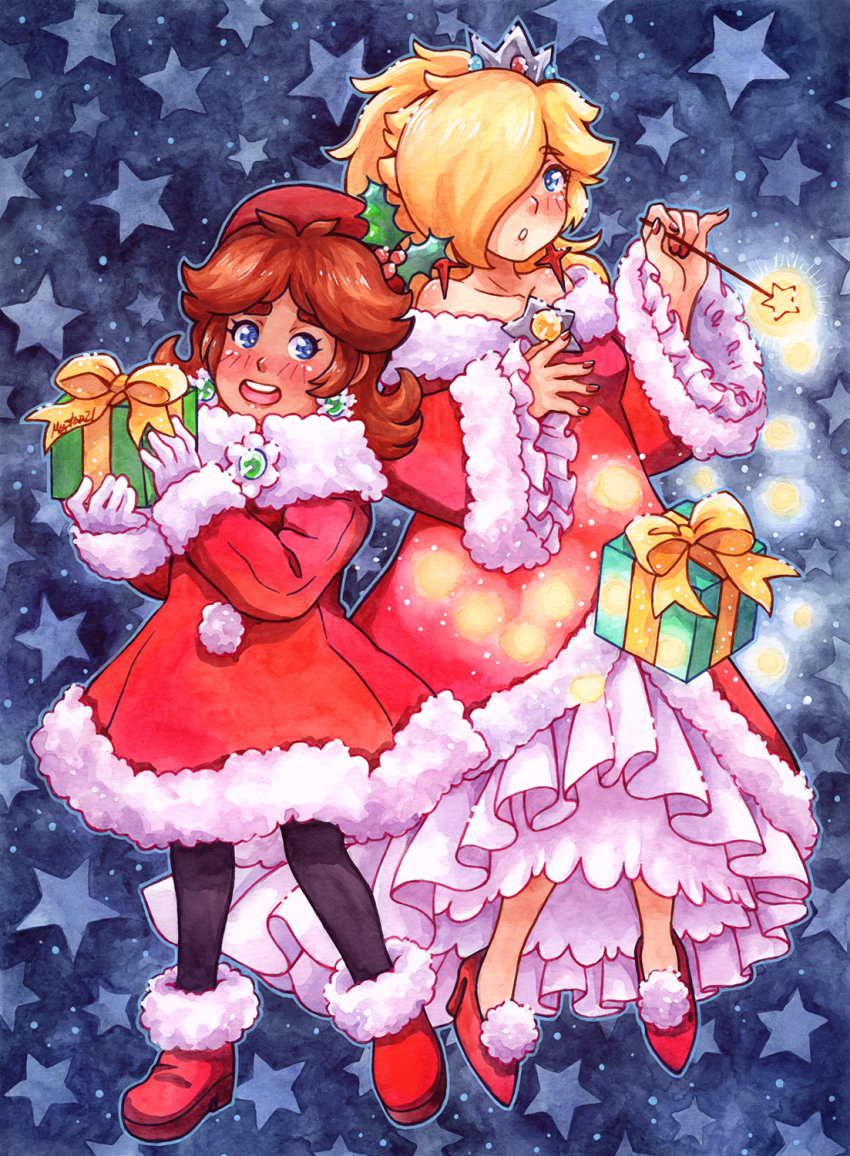 2girls blonde_hair blue_eyes box breasts brown_hair christmas crown floating gift gift_box gloves grin hair_over_one_eye high_heels highres long_hair magic mario_(series) mario_kart mario_kart_tour multiple_girls mystar21 nintendo pantyhose princess_daisy rosalina skirt smile super_mario_galaxy tomboy wand