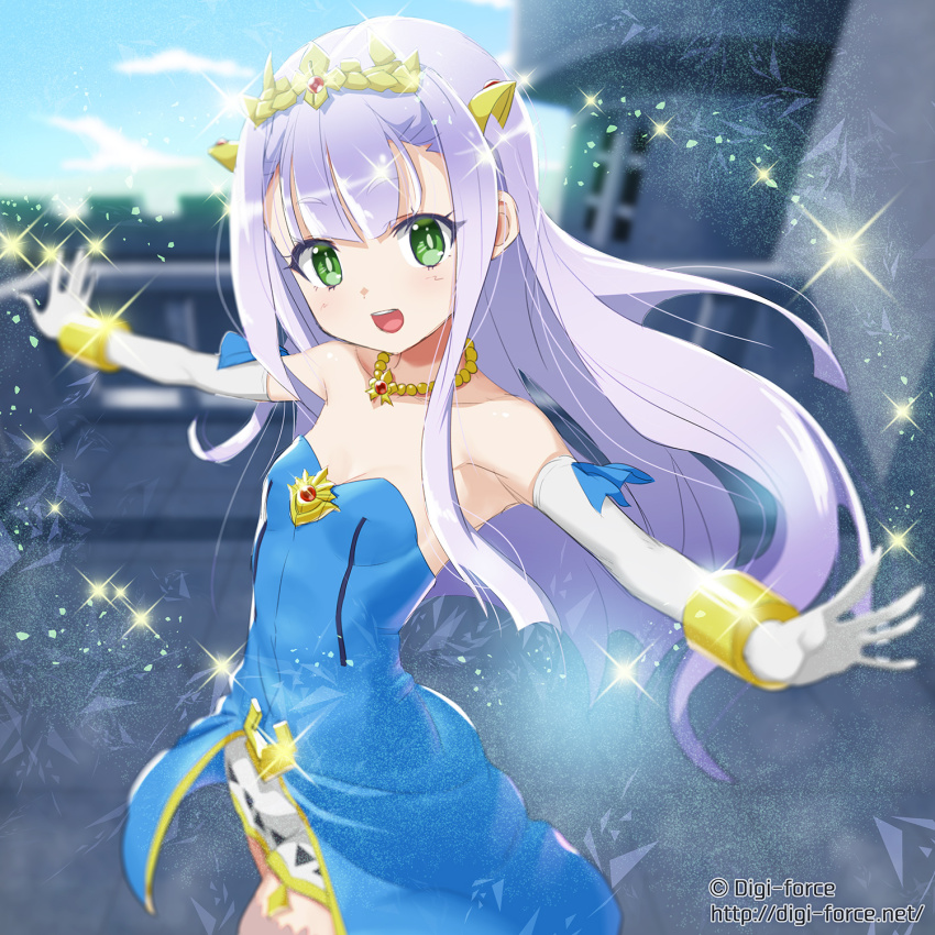 1girl :d arched_back bare_shoulders bead_necklace beads blue_dress blunt_ends blurry blurry_background bracelet breasts castle cleavage collarbone cowboy_shot day dress elbow_gloves eyelashes from_side gloves gold gold_bracelet gold_necklace gold_trim green_eyes grey_hair hair_between_eyes hair_ornament highres jewelry kimura_shigetaka long_hair looking_at_viewer necklace open_mouth outbreak_company outdoors outstretched_arms petralka_anne_eldant_iii short_eyebrows small_breasts smile solo sparkle spread_arms straight_hair strapless strapless_dress teeth tiara upper_teeth_only watermark web_address white_gloves