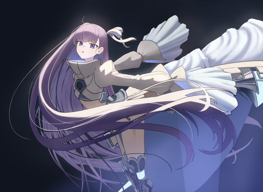 1girl absurdres black_background blue_eyes coat fate/grand_order fate_(series) hair_ribbon hanaet highres leg_up long_hair meltryllis_(fate) meltryllis_(third_ascension)_(fate) purple_hair ribbon sleeves_past_fingers sleeves_past_wrists very_long_hair white_coat
