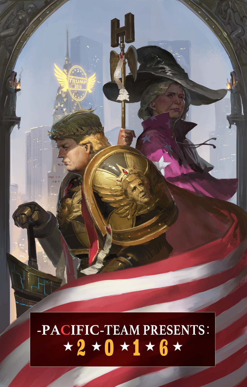 10s 2016 american_flag armor blonde_hair building cape character_name closed_mouth cosplay dated donald_trump ea_(fate) emperor_of_mankind emperor_of_mankind_(cosplay) flag games_workshop gauntlets gold gold_armor hat highres hillary_clinton holding holding_weapon jeanex laurel_crown laurels ornate ornate_armor pauldrons polearm politician power_armor power_suit profile real_life realistic short_hair shoulder_armor shoulder_pads sky skyscraper staff striped torch united_states warhammer warhammer_40k weapon wings witch witch_hat wreath yellow_armor yellow_wings