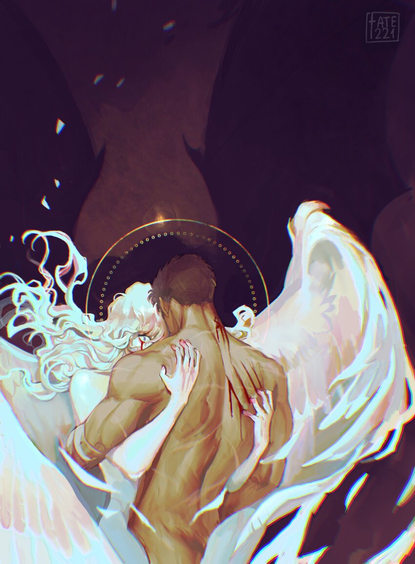 2boys absurdres angel angel_wings berserk black_hair blood bloody_tears blue_eyes brand_of_sacrifice commentary completely_nude crying crying_with_eyes_open english_commentary feathered_wings feathers floating_hair griffith_(berserk) guts_(berserk) highres hug injury long_hair multiple_boys notfate221 nude one_eye_covered scratches scratching short_hair tears wavy_hair white_hair white_wings wings yaoi
