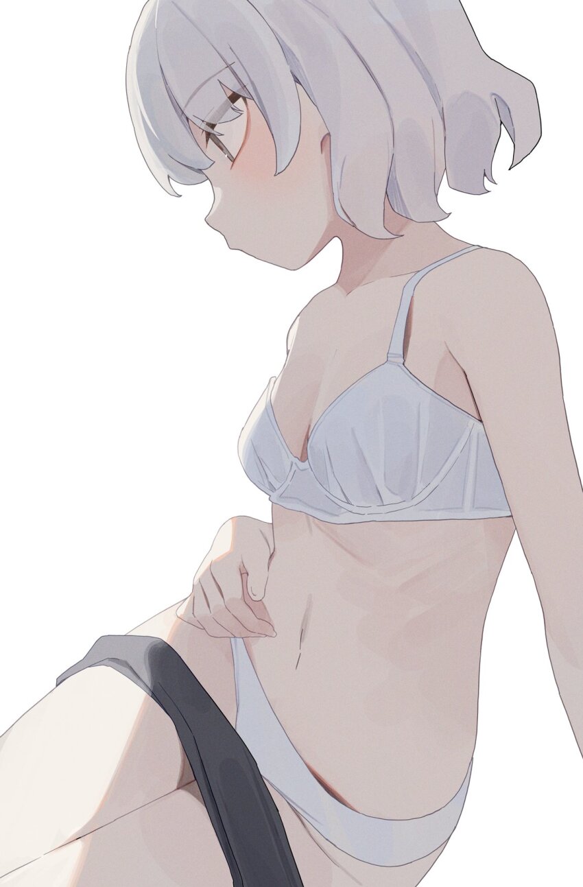 1girl bra breasts closed_mouth clothes_pull grey_hair highres hiroki_(yyqw7151) navel original panties shorts shorts_pull simple_background small_breasts solo underwear white_background white_bra white_panties