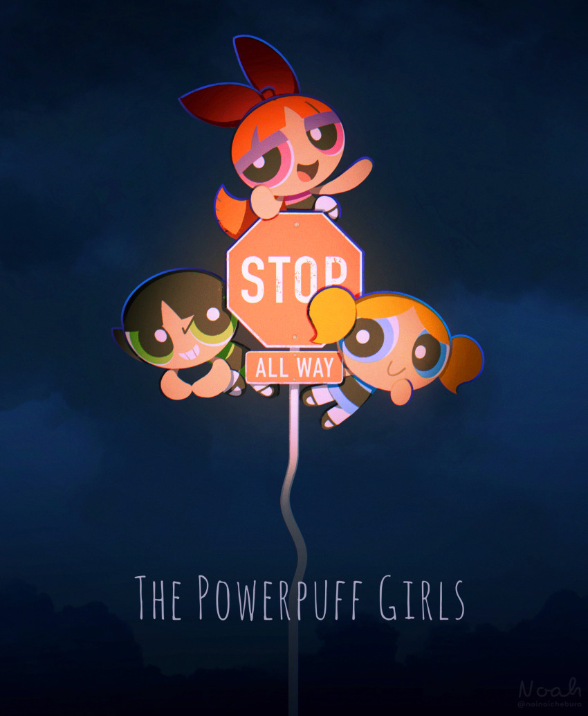 3girls absurdres artist_name black_hair blonde_hair blossom_(ppg) blue_dress blue_eyes blunt_bangs blunt_ends bow bubbles_(ppg) buttercup_(ppg) child cloud cloudy_sky copyright_name dress floating full_body green_dress green_eyes grin hair_bow half-closed_eyes highres long_hair mary_janes multiple_girls noah_(rokoroko) open_mouth orange_hair pantyhose parted_bangs pink_dress pink_eyes powerpuff_girls red_bow road_sign shoes short_hair siblings sign sisters sky smile stop_sign storm_cloud teeth twintails twitter_username watermark white_pantyhose