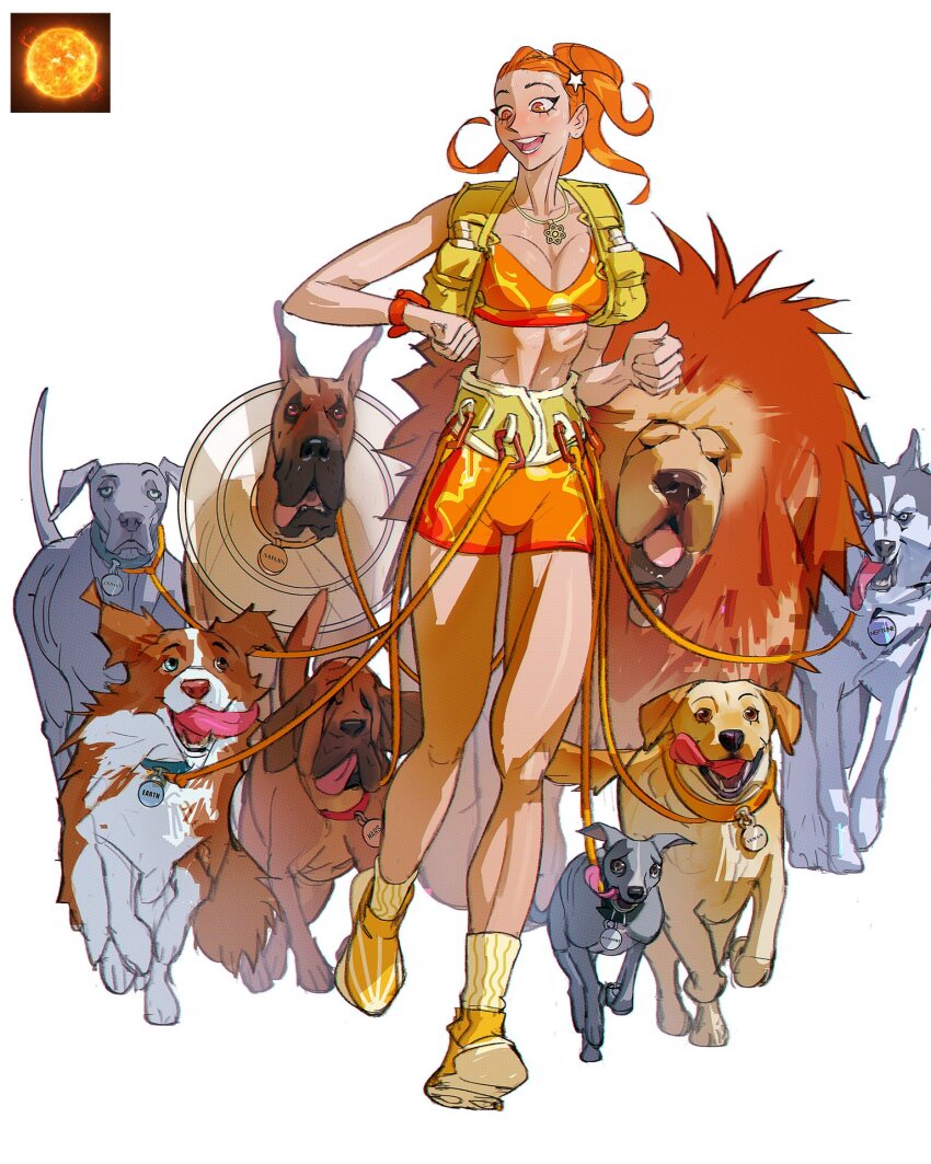 1girl abs bare_legs bare_shoulders border_collie breasts cleavage clenched_hands dog eyelashes forehead freckles full_body hair_ornament happy highres husky knees laboratory leash long_hair looking_ahead medium_breasts midriff open_clothes open_mouth open_vest orange_eyes orange_hair orange_shorts orange_sports_bra original personification pet_cone pet_walking pointy_nose ponytail ramon_nunez reference_inset running shoes short_shorts shorts simple_background smile sneakers socks solo sports_bra sportswear standing star_(symbol) star_hair_ornament striped_clothes striped_socks sun sun_necklace teeth toned toned_female vertical-striped_clothes vertical-striped_socks vest watch white_background wristwatch yellow_shoes yellow_socks yellow_vest
