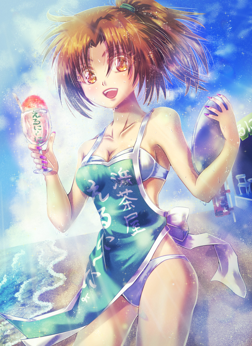 1girl :d absurdres apron beach bikini breasts brown_eyes brown_hair day food highres holding holding_plate kudanshita_maeka medium_hair misaki_(originalsin) open_mouth outdoors plate purple_nails shaved_ice small_breasts smile swimsuit tokimeki_memorial tokimeki_memorial_2 wet white_bikini
