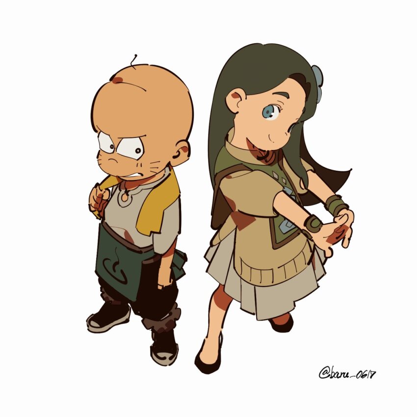 1boy 1girl alternate_costume apron bald blue_eyes blue_flower bracelet brown_hair chibita clenched_teeth dark-skinned_male dark_skin dress facial_mark flower flower_fairy_(osomatsu-kun) from_above green_apron green_shawl hair_flower hair_ornament highres huni0617 jewelry long_hair osomatsu-san osomatsu_(series) simple_background smile teeth towel towel_around_neck waist_apron whisker_markings white_background