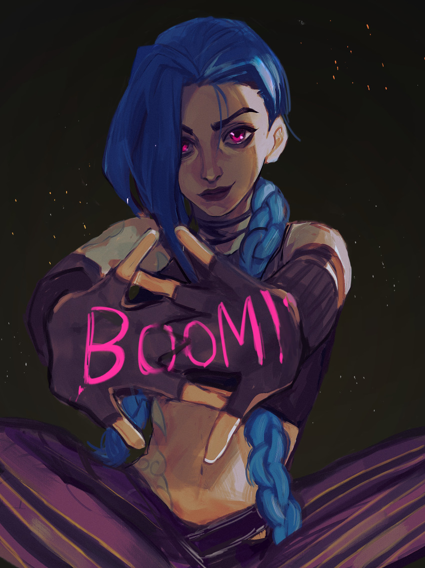 1girl 8h_kt absurdres arcane:_league_of_legends arcane_jinx asymmetrical_bangs blue_hair braid cloud_tattoo commentary fingerless_gloves gloves highres jinx_(league_of_legends) league_of_legends long_hair shoulder_tattoo solo tattoo twin_braids