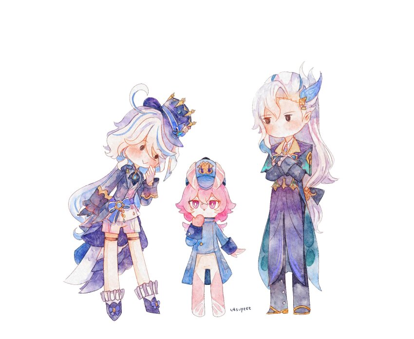1boy 2boys :&lt; ahoge blathine_(genshin_impact) blue_bow blue_coat blue_footwear blue_gloves blue_hair blue_headwear bow chibi coat feather_hair_ornament feathers furina_(genshin_impact) genshin_impact gloves hair_ornament hat hat_bow highres long_hair long_sleeves melusine_(genshin_impact) multicolored_hair multiple_boys neuvillette_(genshin_impact) shoes shorts simple_background smile solid_circle_eyes streaked_hair top_hat utsuyeet very_long_hair white_background white_hair white_shorts