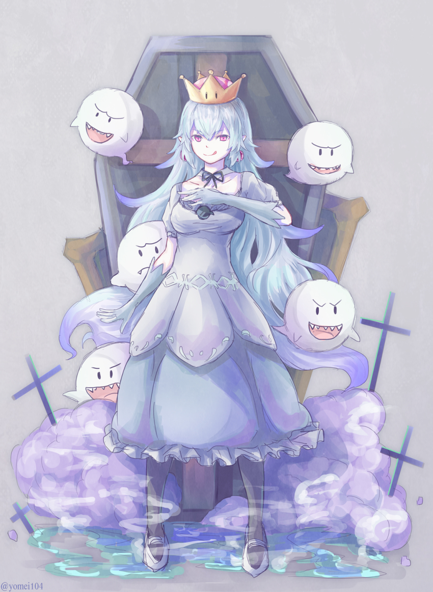 1girl black_pantyhose black_ribbon boo_(mario) breasts coffin cross dress earrings genderswap genderswap_(mtf) gloves highres jewelry long_hair looking_at_viewer luigi&#039;s_mansion mario_(series) nintendo pantyhose princess_king_boo purple_eyes ribbon shoes smoke super_crown tongue tongue_out white_dress white_gloves white_hair white_shoes yomi_(yomi14_pyaon)