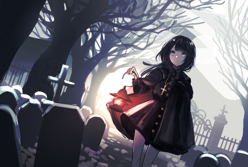1girl bare_tree black_hair branch buttons cross graveyard green_eyes highres holding holding_lantern lantern moduku original scenery sunset tombstone tree