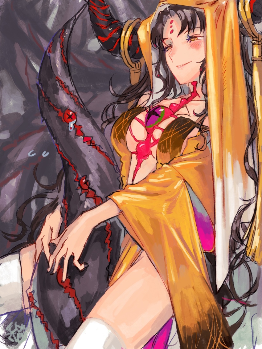 1girl absurdres bare_shoulders black_hair breasts cleavage collarbone dress facial_mark fate/extra fate/extra_ccc fate/grand_order fate_(series) forehead_mark highres horn_ornament horn_ring horns large_breasts long_hair long_sleeves momomogeta parted_bangs revealing_clothes sessyoin_kiara sessyoin_kiara_(beast_iii/r) sessyoin_kiara_(heaven&#039;s_hole) smile tattoo tentacles thighhighs thighs two-tone_dress veil wavy_hair white_thighhighs wide_sleeves yellow_dress yellow_eyes yellow_veil