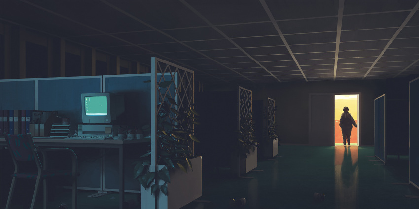 1other backlighting binder campbell&#039;s canned_soup chair crying dark folder food highres microsoft_windows office plant reflection simon_stalenhag soup the_labyrinth trellis windows_98 windows_classic
