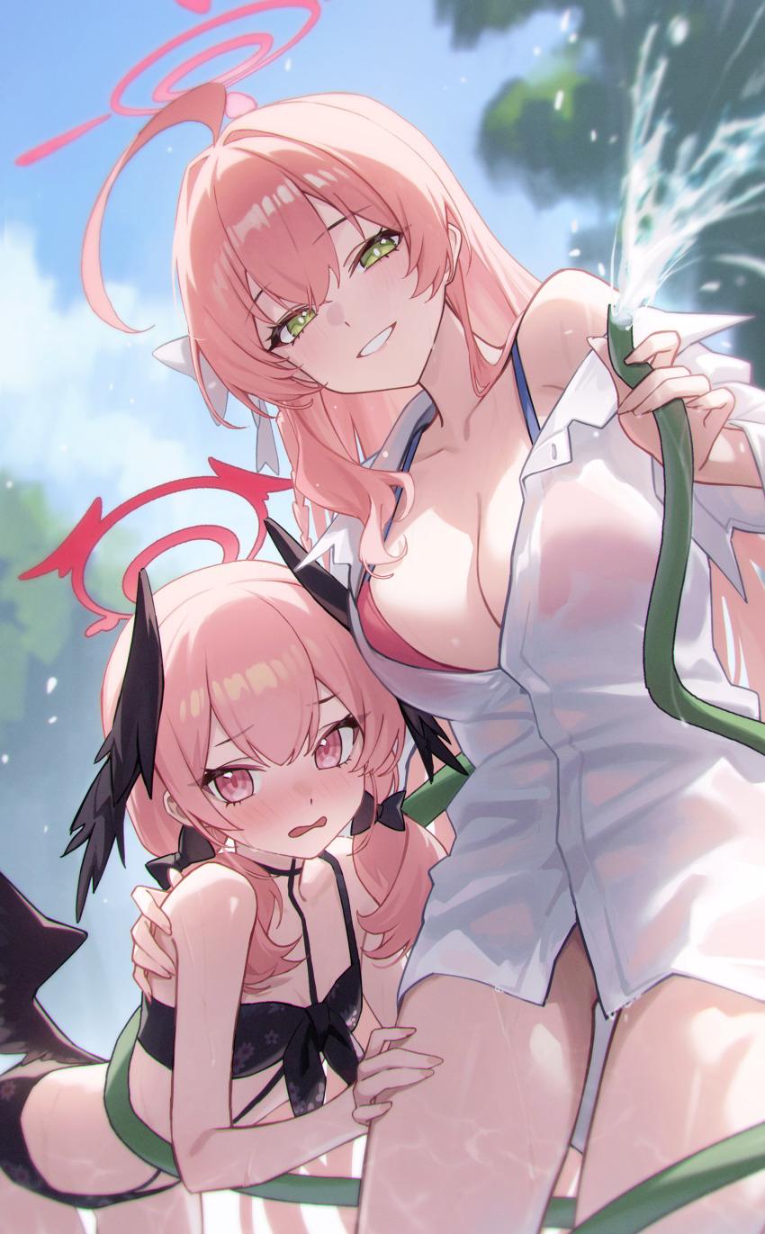 2girls absurdres ahoge bare_shoulders bent_over bikini bikini_under_clothes black_bikini black_bow black_wings blue_archive blue_sky blush bow breasts chinese_commentary cloud collarbone commentary_request day dutch_angle feathered_wings furrowed_brow green_hair hair_bow halo hanako_(blue_archive) hanako_(swimsuit)_(blue_archive) hand_on_another&#039;s_shoulder hand_on_another&#039;s_thigh head_wings highres holding holding_hose hose koharu_(blue_archive) koharu_(swimsuit)_(blue_archive) long_hair looking_at_viewer low_twintails low_wings multiple_girls nail_polish official_alternate_costume open_mouth outdoors pink_bikini pink_eyes pink_hair pink_halo pink_nails see-through_clothes see-through_shirt shali shirt single_bare_shoulder sky small_breasts smile swimsuit thighs tree twintails very_long_hair wavy_mouth wet wet_clothes wet_shirt white_bow white_shirt wings