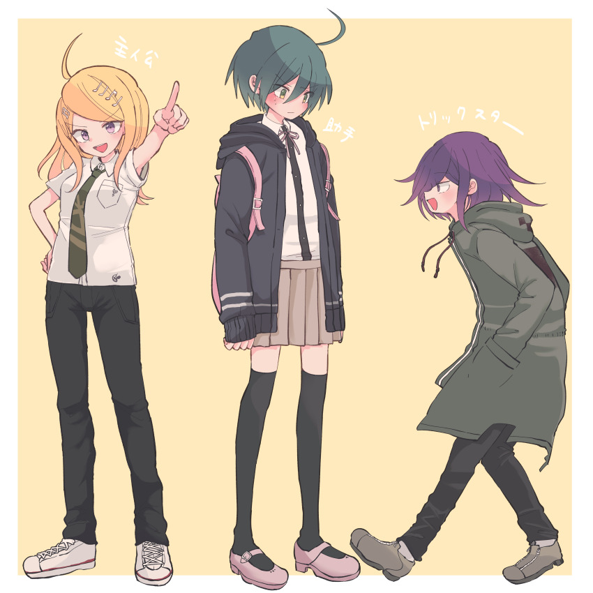 1girl 2boys absurdres ahoge akamatsu_kaede animal_bag black_pants black_thighhighs blue_hair blush border brown_skirt cat_bag collared_shirt cosplay crossdressing danganronpa_(series) danganronpa_2:_goodbye_despair danganronpa_v3:_killing_harmony flipped_hair fortissimo full_body green_jacket green_necktie hair_between_eyes hair_ornament hands_in_pockets highres hinata_hajime hinata_hajime_(cosplay) hood hooded_jacket jacket komaeda_nagito komaeda_nagito_(cosplay) long_hair long_sleeves looking_at_viewer medium_hair multiple_boys musical_note musical_note_hair_ornament nanami_chiaki nanami_chiaki_(cosplay) neck_ribbon necktie oma_kokichi open_clothes open_mouth pants pink_bag pink_ribbon pointing profile purple_eyes purple_hair ribbon saihara_shuichi school_uniform shirt shoes short_hair simple_background skirt smile sneakers standing thighhighs translation_request tumai_(touue11) white_border white_shirt yellow_background yellow_eyes