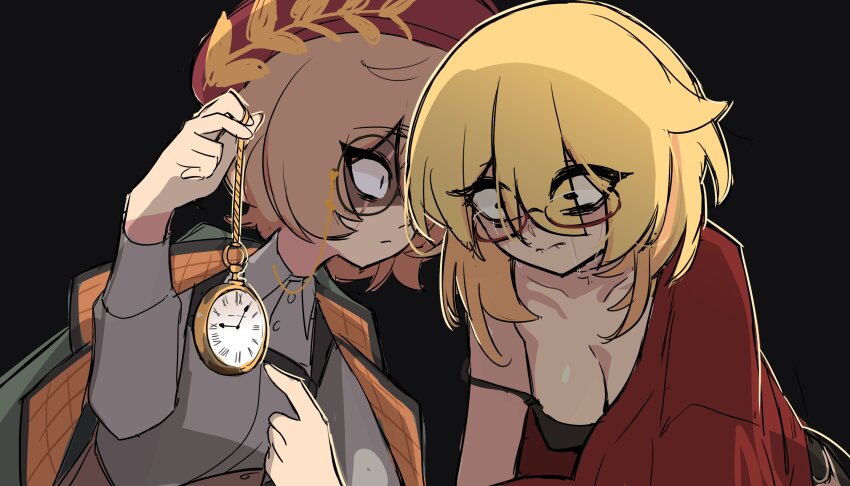 2girls absurdres beret biting_own_lip black_background black_bra blonde_hair bra breasts brown_hair centurii-chan centurii-chan_(character) clio_aite coat coat_on_shoulders collarbone commentary constricted_pupils english_commentary eyes_visible_through_hair glasses grey_shirt hair_between_eyes hat highres holding holding_pocket_watch long_sleeves medium_breasts multiple_girls original phase_connect pocket_watch pointing red-framed_eyewear red_hat red_shirt semi-rimless_eyewear shirt short_hair simple_background strap_slip under-rim_eyewear underwear virtual_youtuber watch