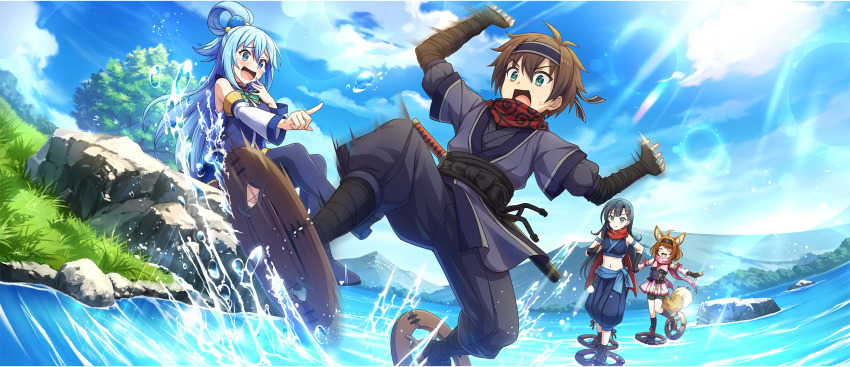 1boy 3girls ahoge animal_ear_fluff animal_ears aqua_(konosuba) arm_strap arm_wrap armpit_crease arms_up black_gloves black_hair black_headband black_leggings black_sash black_socks blue_boots blue_eyes blue_hair blue_kimono blue_pants blue_sash blue_shirt blue_skirt blue_sky boots bow bowtie brown_hair closed_eyes cloud cloudy_sky cropped_kimono day detached_sleeves fingerless_gloves game_cg gloves green_bow green_bowtie green_eyes hair_between_eyes hair_ornament hair_rings hairclip hand_to_own_mouth headband highres japanese_clothes kimono kono_subarashii_sekai_ni_shukufuku_wo! konosuba!_fantastic_days laughing leg_wrap leggings lia_(konosuba) light_blush long_hair long_scarf long_sleeves matching_outfits medium_hair miia_(konosuba) miniskirt mizugumo mountain multiple_girls ninja ninjatou obi official_alternate_costume official_art open_mouth outdoors pants pink_kimono pink_sleeves pointing pointing_at_another puffy_pants purple_headband purple_kimono purple_pants red_scarf sash satou_kazuma scarf sheath sheathed shirt short_hair short_kimono short_sword sidelocks single_hair_ring sitting skirt sky sleeveless sleeveless_kimono sleeveless_shirt smile socks splashing sunlight sweatdrop sword sword_on_back tabi tail teardrop thigh_boots tripping v-shaped_eyebrows walking walking_on_liquid water weapon weapon_on_back white_sleeves