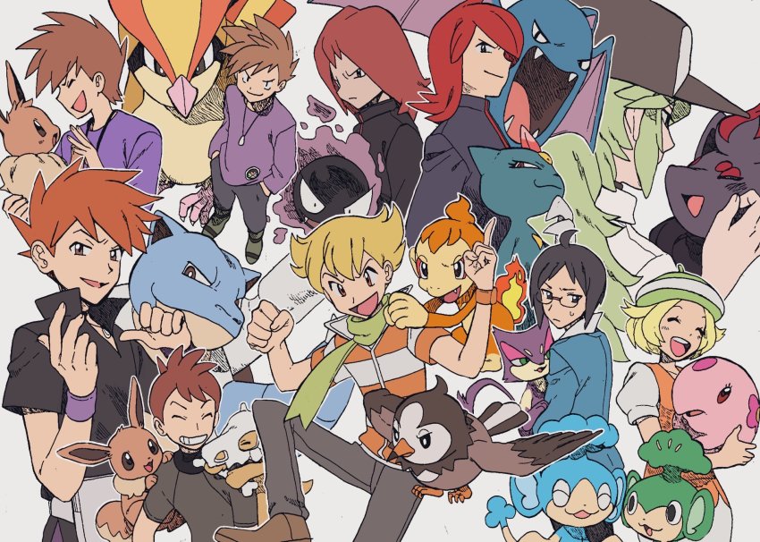 1girl 6+boys barry_(pokemon) baseball_cap bianca_(pokemon) black_shirt blastoise blue_oak bone brown_hair cheren_(pokemon) chimchar clenched_hands closed_eyes closed_mouth cubone eevee fangs gastly gen_1_pokemon gen_2_pokemon gen_4_pokemon gen_5_pokemon golbat green_scarf hands_in_pockets hands_up hat highres holding holding_pokemon jewelry multiple_boys multiple_persona munna n_(pokemon) nashubi_(to_infinity_wow) necklace nintendo open_mouth panpour pansage pants pidgeot pokemon pokemon_(creature) pokemon_bw pokemon_dppt pokemon_frlg pokemon_gsc pokemon_lgpe pokemon_rgby popped_collar purrloin red_hair scarf shirt silver_(pokemon) smile sneasel spiked_hair starly tongue white_background wristband zorua