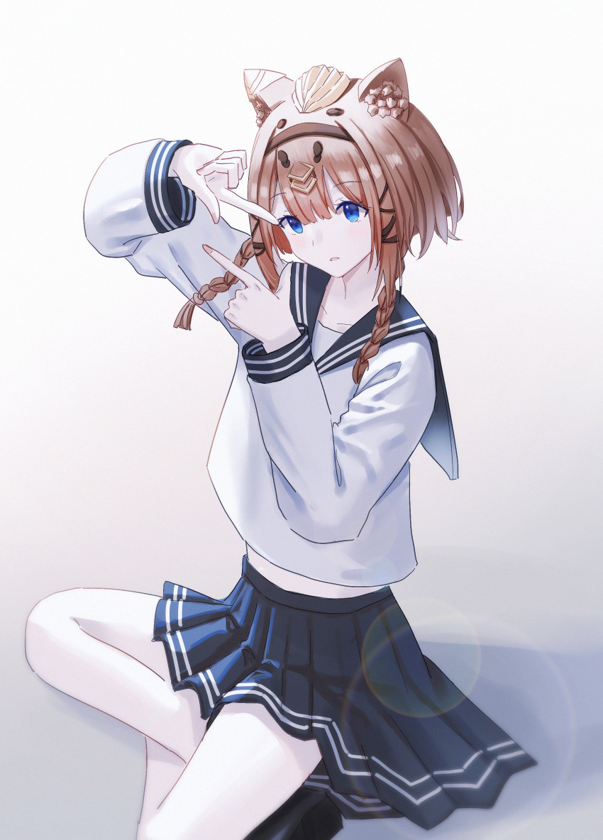 absurdres alternate_costume animal_ears black_hairband black_shoes blue_eyes blue_sailor_collar blue_skirt blunt_bangs brown_hair cat_ears cat_girl chinese_commentary chujiuo commentary_request hairband highres honkai_(series) honkai_impact_3rd indian_style no_tail pantyhose pardofelis pleated_skirt sailor_collar school_uniform serafuku shoes short_hair_with_long_locks simple_background sitting skirt white_pantyhose white_serafuku