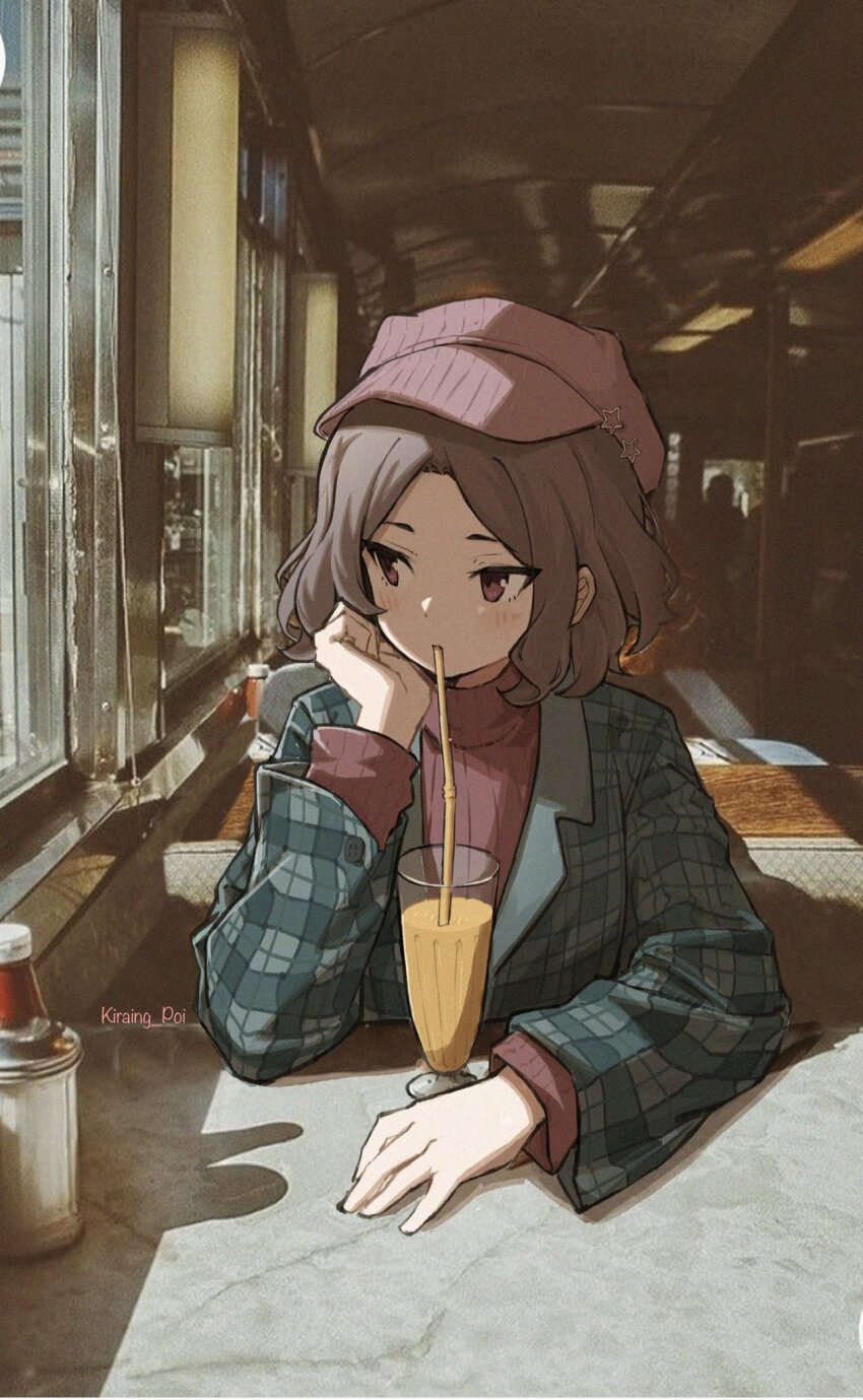 1girl brown_eyes brown_hair cup drinking drinking_glass drinking_straw ebizuka_tomo girls_band_cry hand_on_own_face hat highres kiraing_poi milk_tea red_hat restaurant solo watermark