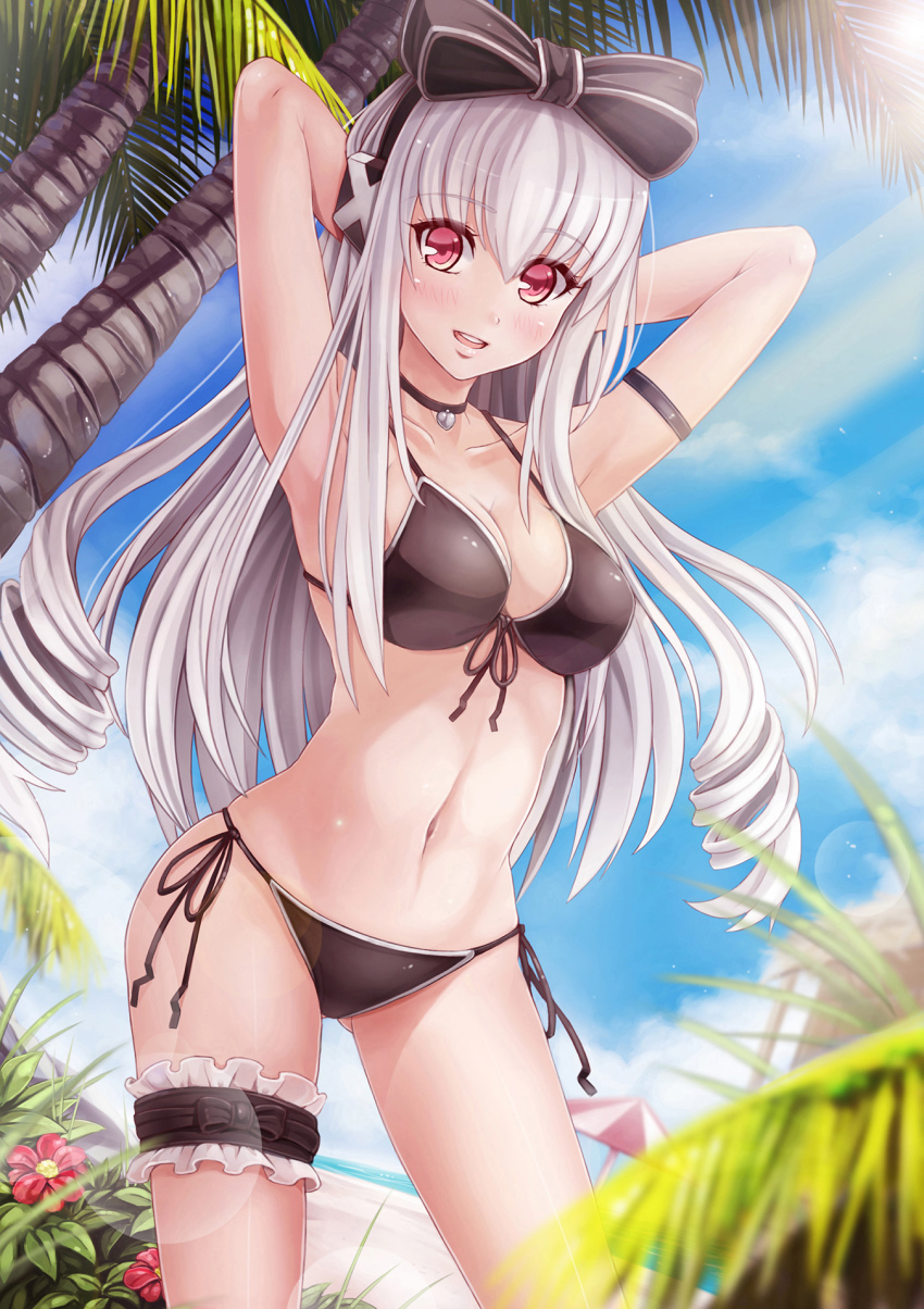 1girl bikini blue_sky blush breasts cleavage cloud cosmic_break day drill_hair female_focus frilled_thigh_strap groin highres ivis large_breasts long_hair navel palm_tree red_eyes silver_hair sky smile solo sunimu swimsuit thigh_strap tree
