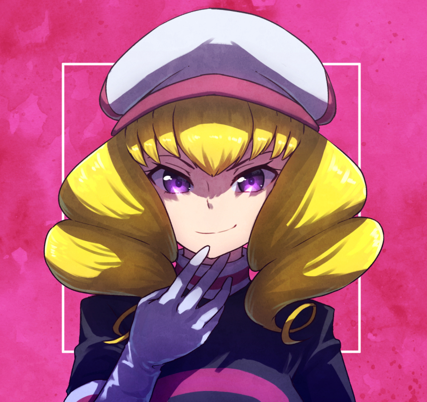 1girl blonde_hair domino_(pokemon) drill_hair gloves hat kotobukkii_(yt_lvlv) long_hair looking_at_viewer nintendo pokemon pokemon_(anime) pokemon_(classic_anime) purple_eyes smile solo team_rocket team_rocket_uniform upper_body white_gloves white_hat